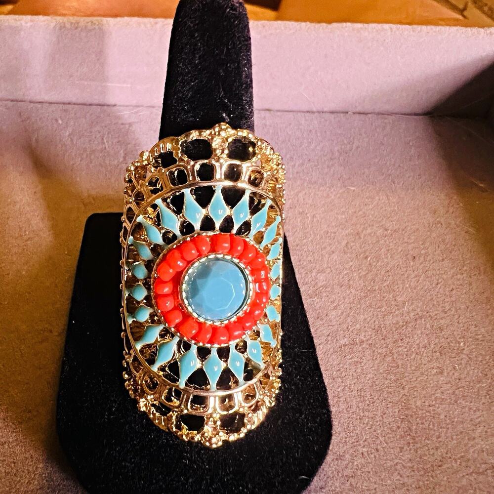 Vintage Gold Plated Blue Red Enamel Oval Bezel Set Cocktail Statement Ring 8